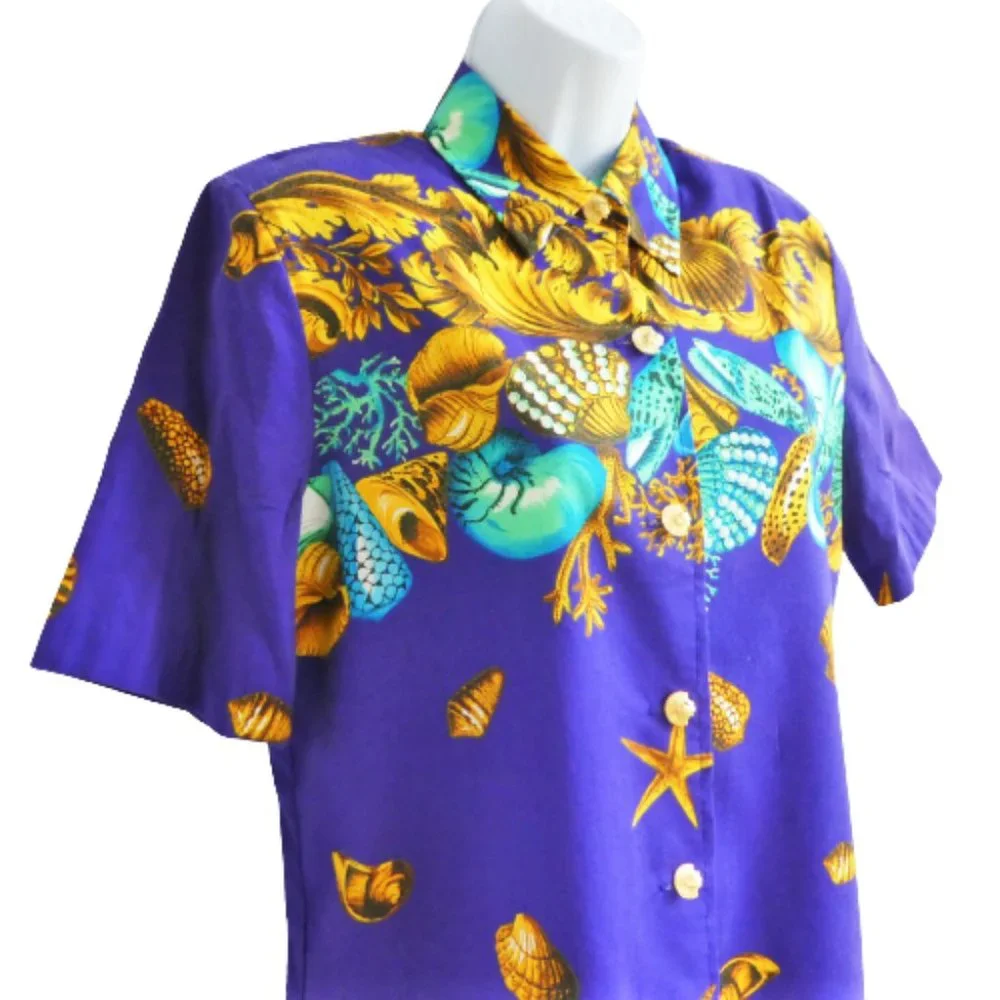 Vintage Skirt Set Ruched Side Sarong Tie Blouse Ocean Shells Theme Resort Sz M